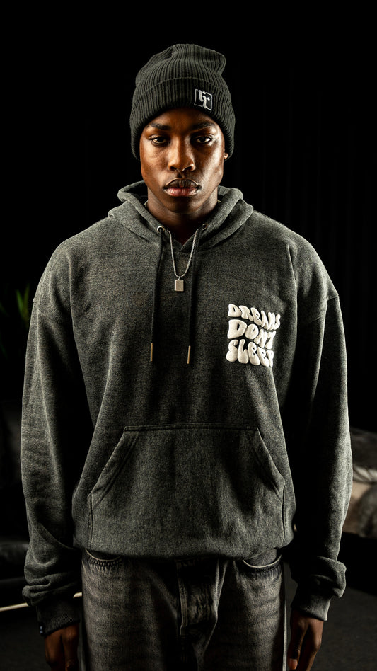 Dreams don’t sleep hoodie acid grey